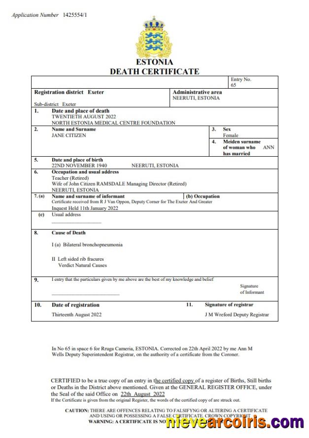 Estonia death certificate